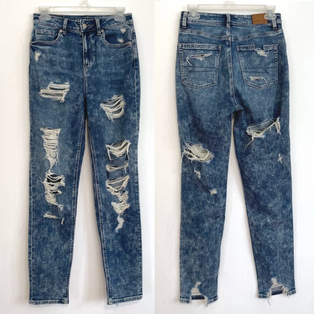 AMERICAN EAGLE AE Stretch Ripped Mom Jean Acid Wash High Waisted Cropped 0 LONG - Picture 2 of 16